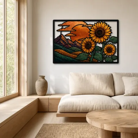 Vista alternativa di Girasoli con Paesaggio Montano al Tramonto Insegna in Metallo Colorata