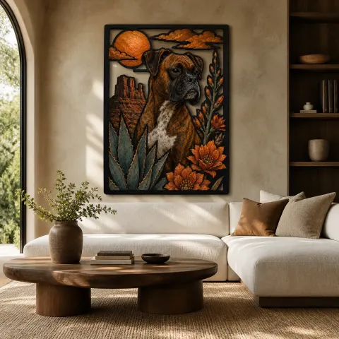 Perro Boxer con Agave del Desierto y Atardecer Decoración Mural de Metal Colorida