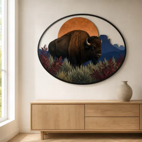 Vista alternativa de Bisonte en paisaje desértico bajo el sol de cobre Decoración mural de metal colorida