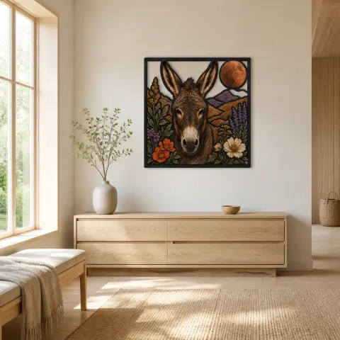 Vista alternativa de Burro con flores silvestres de montaña y luna de cobre - Arte mural de metal colorido
