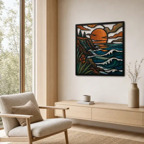 Vista alternativa de Acantilados costeros de mediados de siglo con atardecer sobre el océano Decoración mural de metal colorida