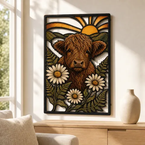 Vista alternativa de Vaca de las Tierras Altas con Margaritas Blancas y Amanecer en Cartel de Metal Colorido