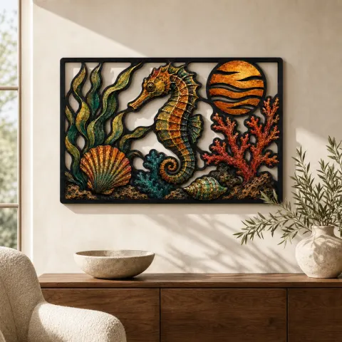 Caballito de Mar con Conchas Coral y Atardecer Oceánico Decoración Mural de Metal Colorida