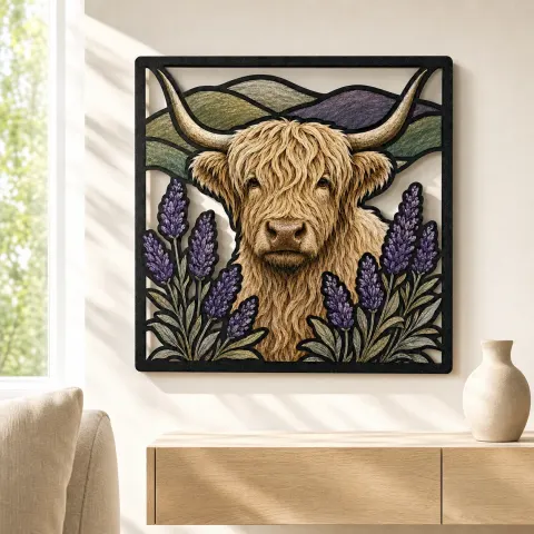 Vista alternativa de Arte Mural de Metal Colorido de Vaca Highland Blanca con Lavanda y Montañas
