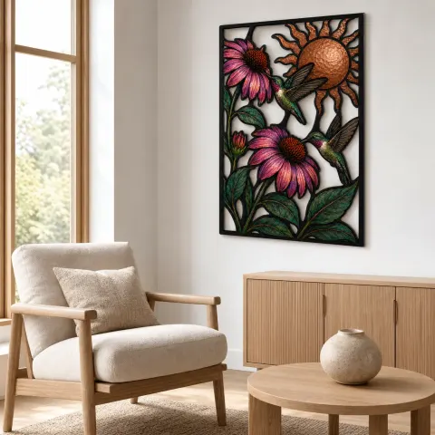 Vista alternativa de Colibríes con Echinacea Púrpura y Sol de Cobre Decoración Mural de Metal Colorida