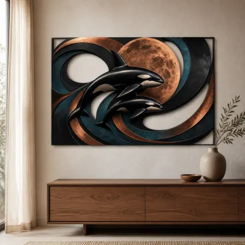 Orca Madre y Cría con Luna de Cobre Abstracta Decoración Mural de Metal Colorida