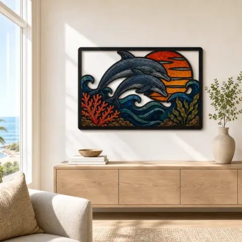 Vista alternativa de Arte Mural de Metal Colorido de Dos Delfines sobre Olas del Océano al Atardecer