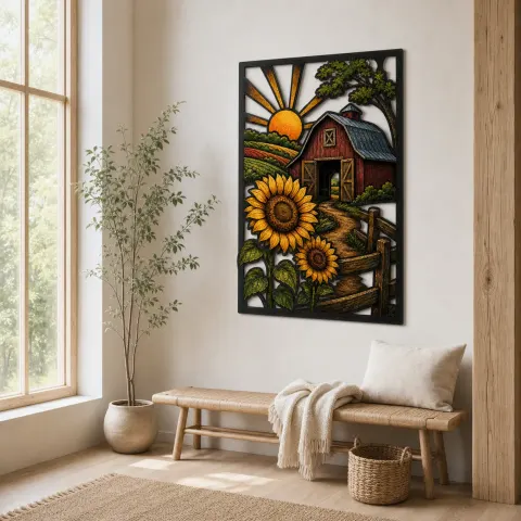 Vista alternativa di Fienile Rosso con Girasoli all'Alba Insegna in Metallo Colorata