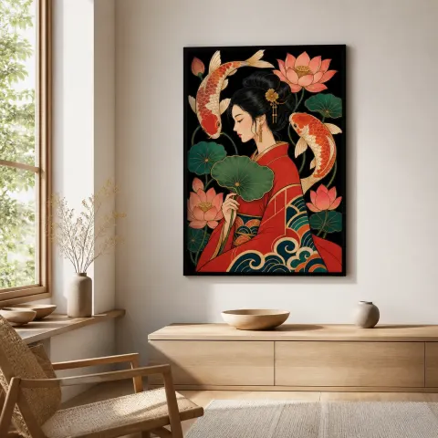 Vista alternativa de Mujer Japonesa con Peces Koi y Flores de Loto Decoración Mural de Metal Colorida