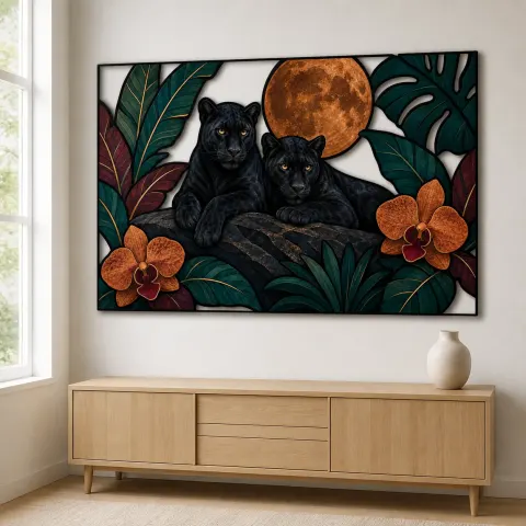 Vista alternativa de Pareja de Panteras Negras con Orquídeas y Luna Llena Decoración Mural de Metal Colorida
