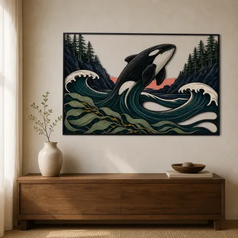 Orca Saltando a Través de Olas del Océano junto al Bosque de Pinos Decoración Mural de Metal Colorida