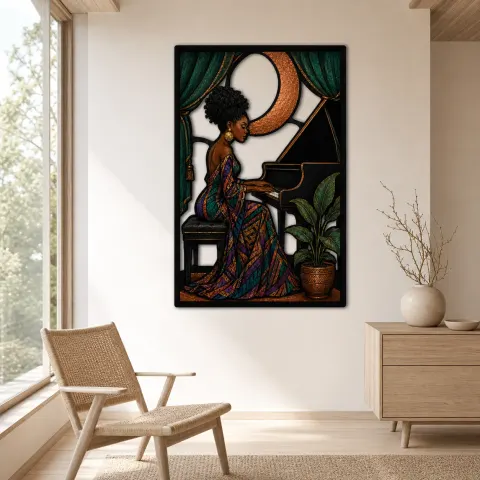 Vue alternative de Femme Afro Jouant du Piano sous la Lune Croissante - Décoration Murale en Métal Colorée