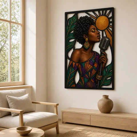 Vue alternative de Chanteuse Afro Jazz avec Micro Vintage et Soleil - Décoration Murale en Métal Colorée