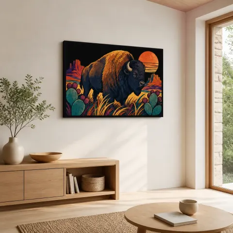 Vista alternativa de Bisonte con cactus en el colorido desierto del suroeste Decoración mural de metal