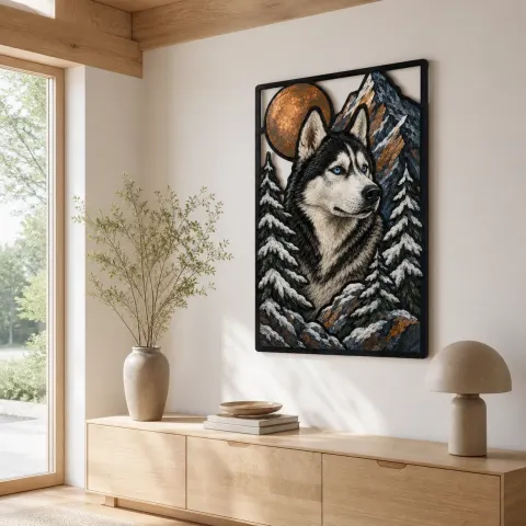 Vista alternativa de Husky Siberiano en Montañas Nevadas bajo la Luna Decoración Mural de Metal Colorida