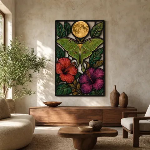Polilla Luna con hibisco y luna llena Decoración mural de metal colorida