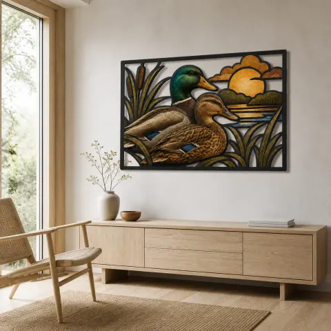 Vista alternativa de Pareja de patos silvestres sobre un tranquilo pantano Decoración mural de metal colorida