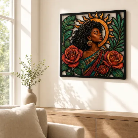 Vista alternativa de Mujer Afro con Rosas y Sol Radiante Arte Mural de Metal Colorido