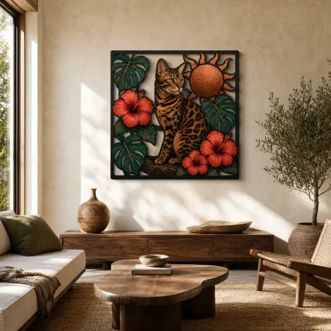 Gato Bengalí con Hibisco Tropical y Sol Decoración Mural de Metal Colorida
