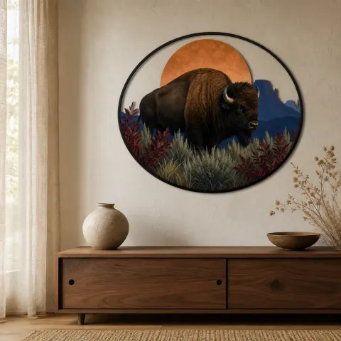 Bisonte en paisaje desértico bajo el sol de cobre Decoración mural de metal colorida