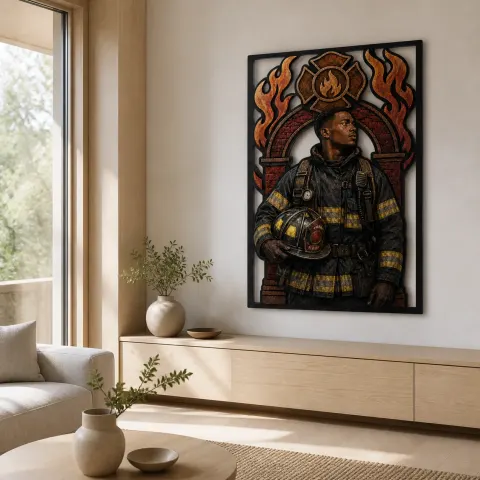 Vista alternativa de Bombero Negro con Casco ante Emblema de Llama Decoración Mural de Metal Colorida