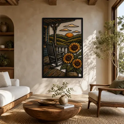 Silla Mecedora de Porche de Granja con Girasoles Decoración Mural de Metal Colorida