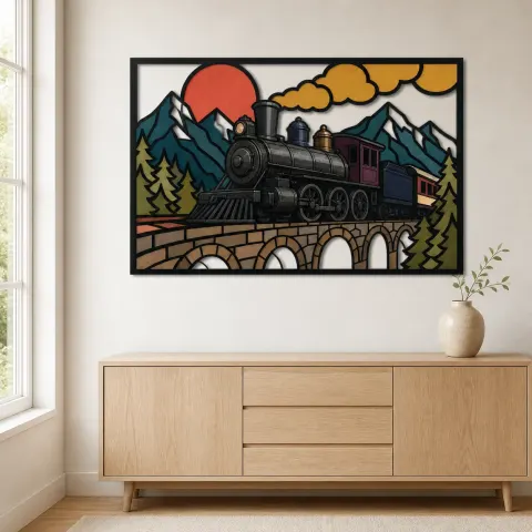 Vista alternativa de Arte Mural de Metal Colorido de Tren de Vapor Vintage Cruzando Puente de Montaña