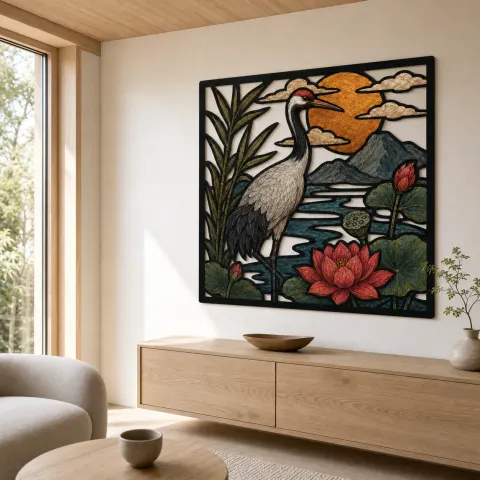 Vista alternativa de Grulla Japonesa en Estanque de Lotos al Atardecer Decoración Mural de Metal Colorida