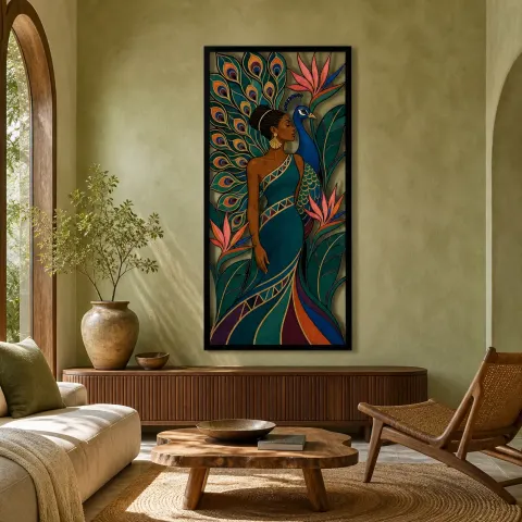Mujer Afro con Plumas de Pavo Real y Flores Tropicales Arte Mural de Metal Colorido