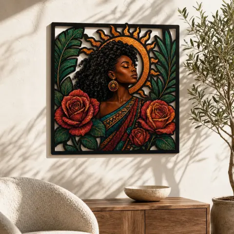 Mujer Afro con Rosas y Sol Radiante Arte Mural de Metal Colorido