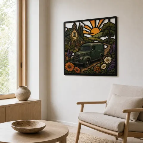 Vista alternativa de Arte Mural de Metal Colorido con Furgoneta Clásica Fuera de una Cabaña con Flores