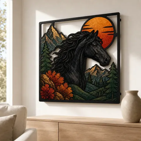 Vista alternativa de Caballo Negro con Montañas y Atardecer de Cobre Decoración Mural de Metal Colorida