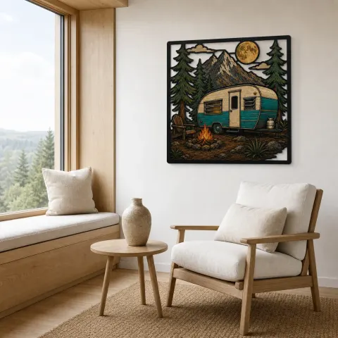Vista alternativa di Camper Retro al Falò di Montagna Insegna in Metallo Colorata