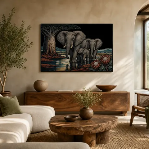 Familia de elefantes bajo baobab junto al agua - Arte mural de metal colorido