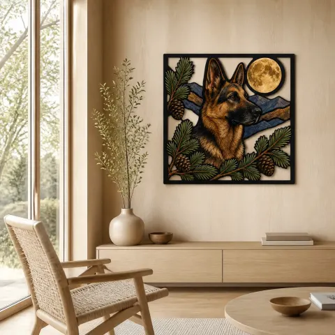 Vista alternativa de Pastor Alemán con Piñas y Luna Llena Decoración Mural de Metal Colorida