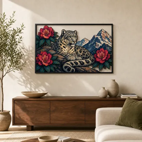 Leopardo de Nieve con Peonías en Paisaje Montañoso Decoración Mural de Metal Colorida