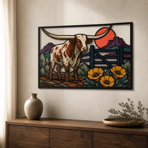 Longhorn del Texas con Papaveri del Deserto e Sole Rosso Insegna in Metallo Colorata