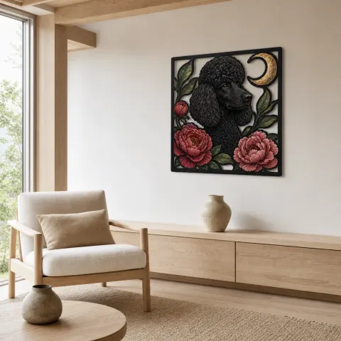 Vista alternativa de Poodle Negro con Peonías Rosadas y Luna Creciente Decoración Mural de Metal Colorida