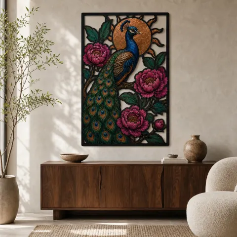 Pavo Real con Peonías Rosadas y Sol de Cobre Decoración Mural de Metal Colorida