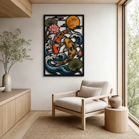 Vista alternativa de Pareja de Koi en Olas Oceánicas bajo la Luna Llena Decoración Mural de Metal Colorida