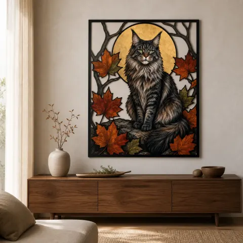 Gato Maine Coon con hojas de otoño y luna Decoración mural de metal colorida