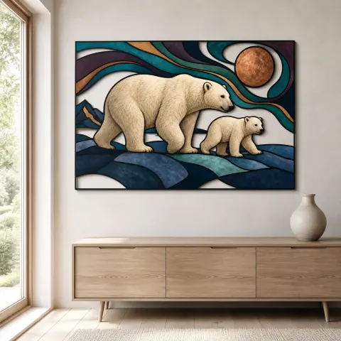 Vista alternativa de Madre Oso Polar y Cachorro bajo la Luna de Cobre Decoración Mural de Metal Colorida