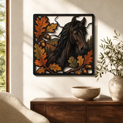 Caballo Negro con Hojas de Roble Otoñales Decoración Mural de Metal Colorida
