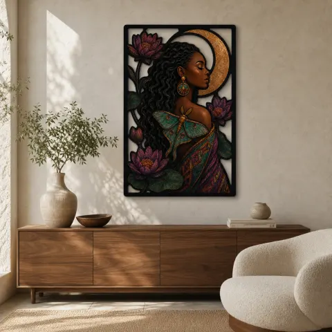 Mujer Afro con Loto Polilla y Luna Creciente Arte Mural de Metal Colorido