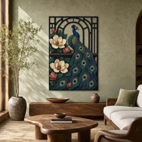 Pavo Real con Flores de Magnolia en Marco Art Deco Decoración Mural de Metal Colorida