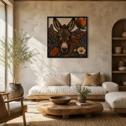 Burro con flores silvestres de montaña y luna de cobre - Arte mural de metal colorido