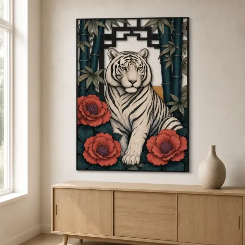 Vista alternativa de Tigre Blanco con Bambú y Peonías Rosadas Cartel de Metal Colorido