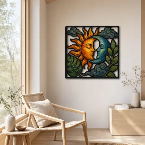 Vista alternativa di Volti di Sole e Luna con Foglie Tropicali Insegna in Metallo Colorata