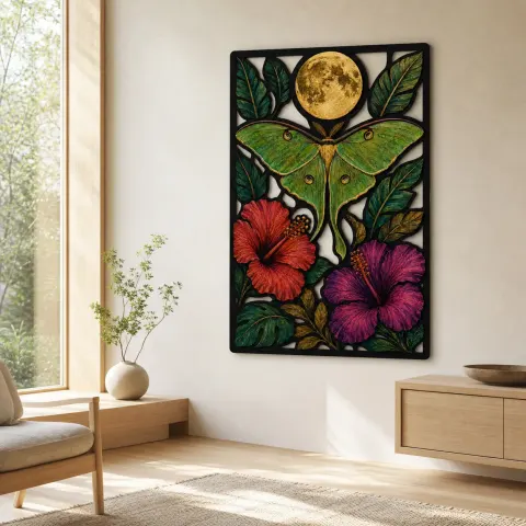 Vista alternativa de Polilla Luna con hibisco y luna llena Decoración mural de metal colorida