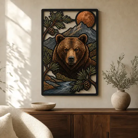 Oso pardo junto a arroyo montañoso y luna de cobre Decoración mural de metal colorida